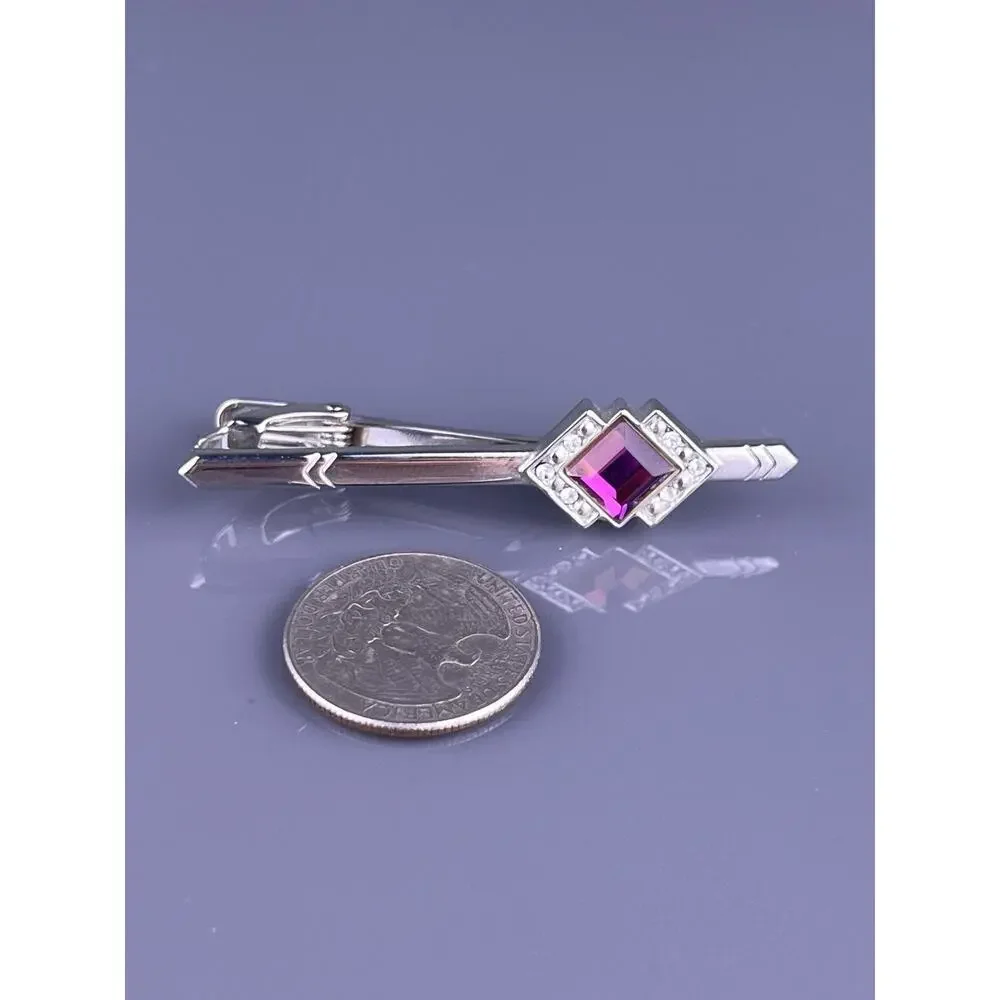 Square Purple White Rhinestone Cufflinks Tie Clip Pin Silver Tone Flashy Vintage